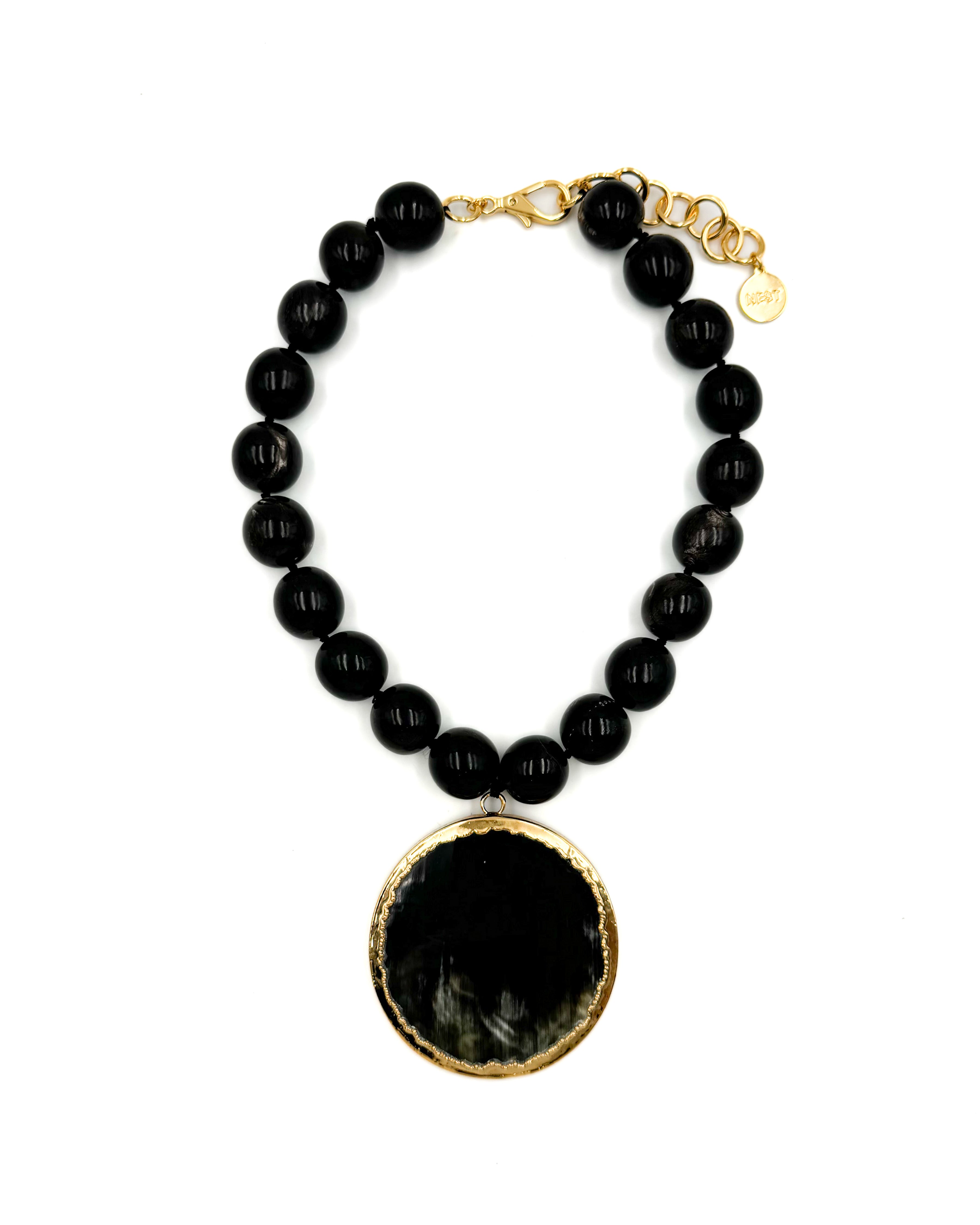 Black Horn Beaded Necklace with Gold Trimmed Pendant