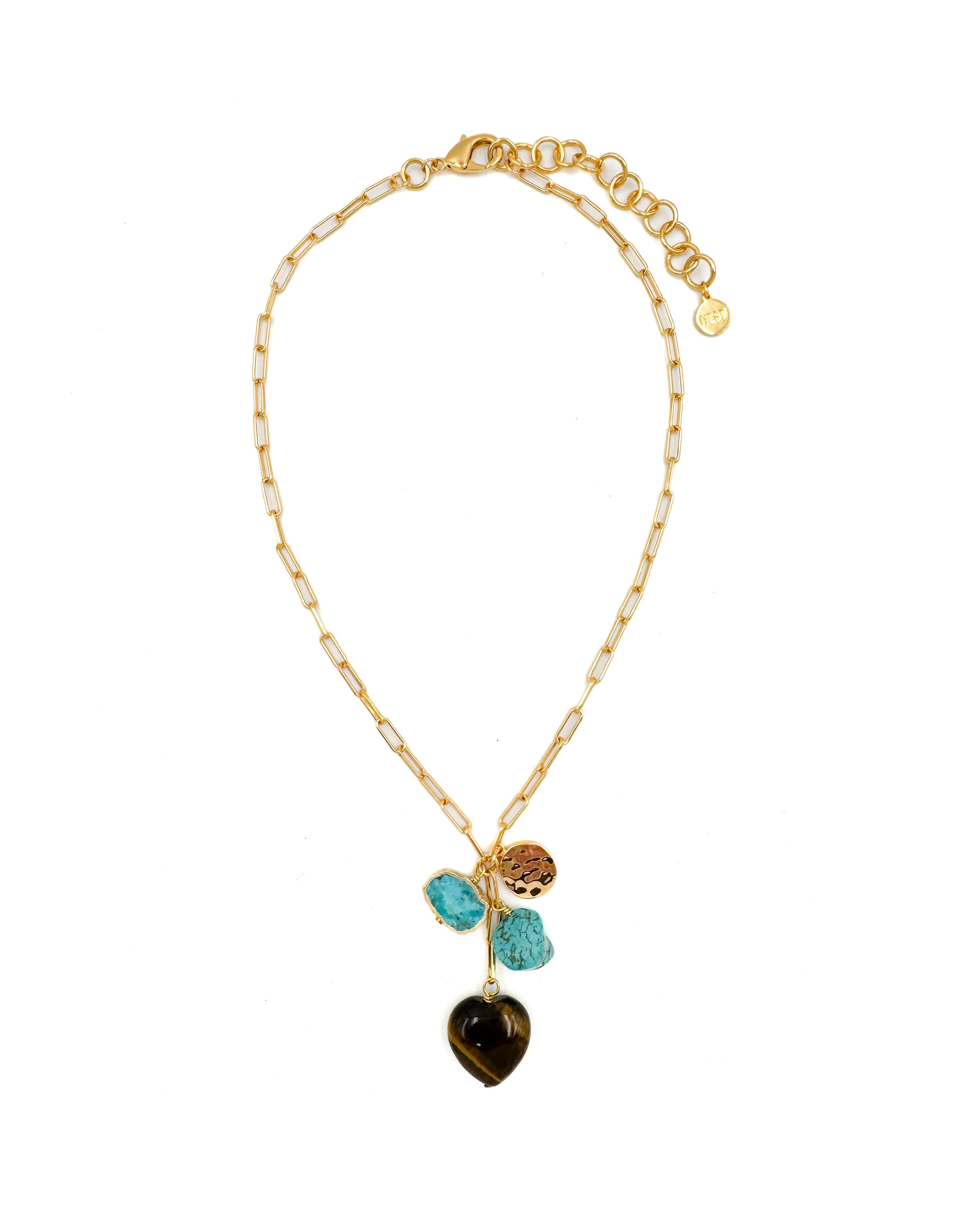 Tigers Eye and Turquoise Heart Charm Necklace