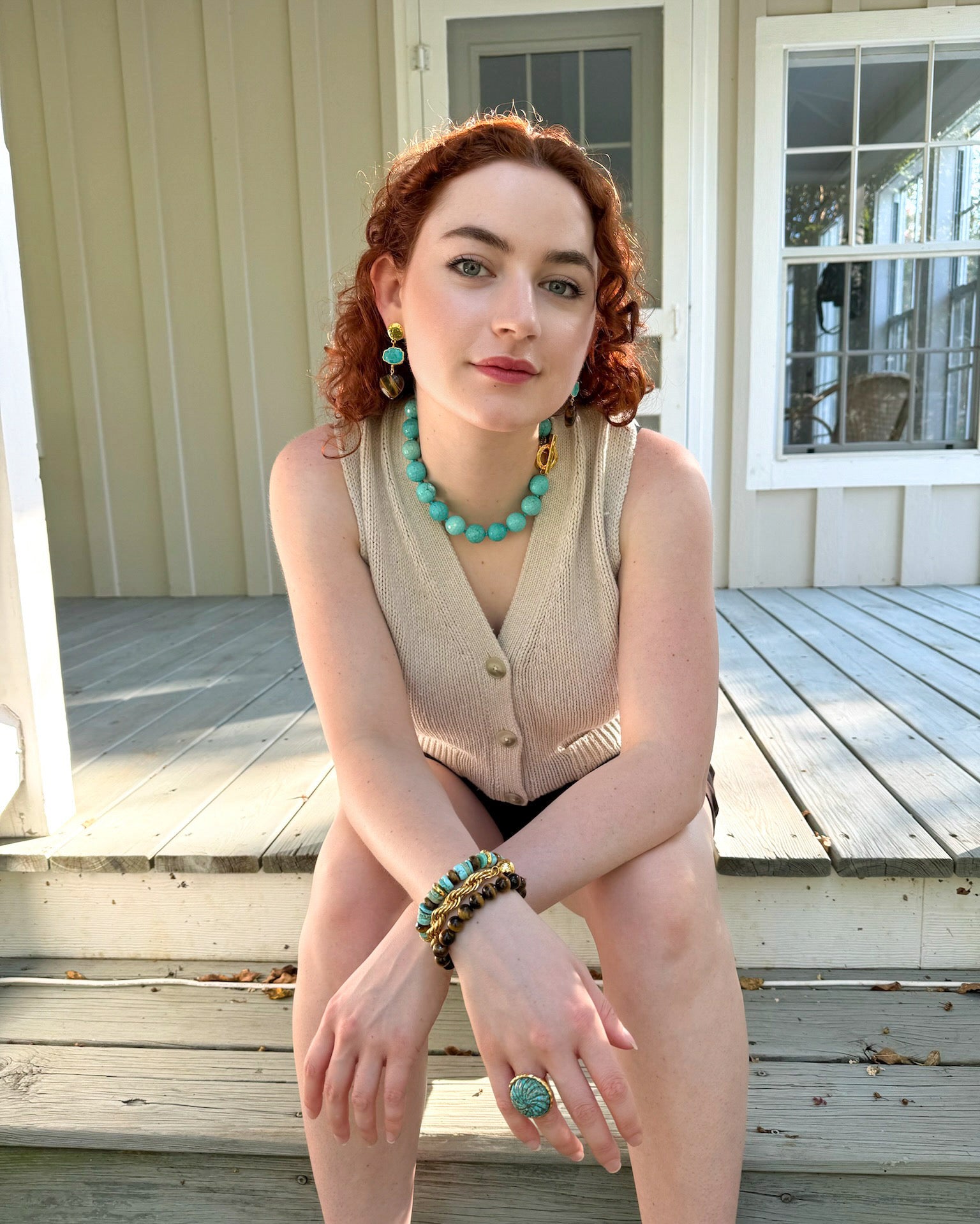 Tigers Eye Heart and Turquoise Drop Earrings