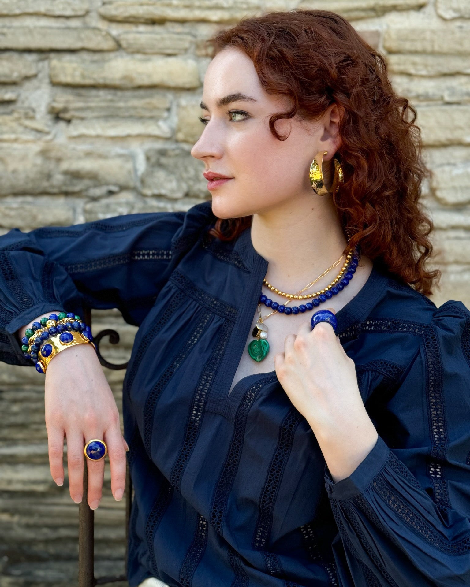 Lapis Hammered Cabochon Cuff