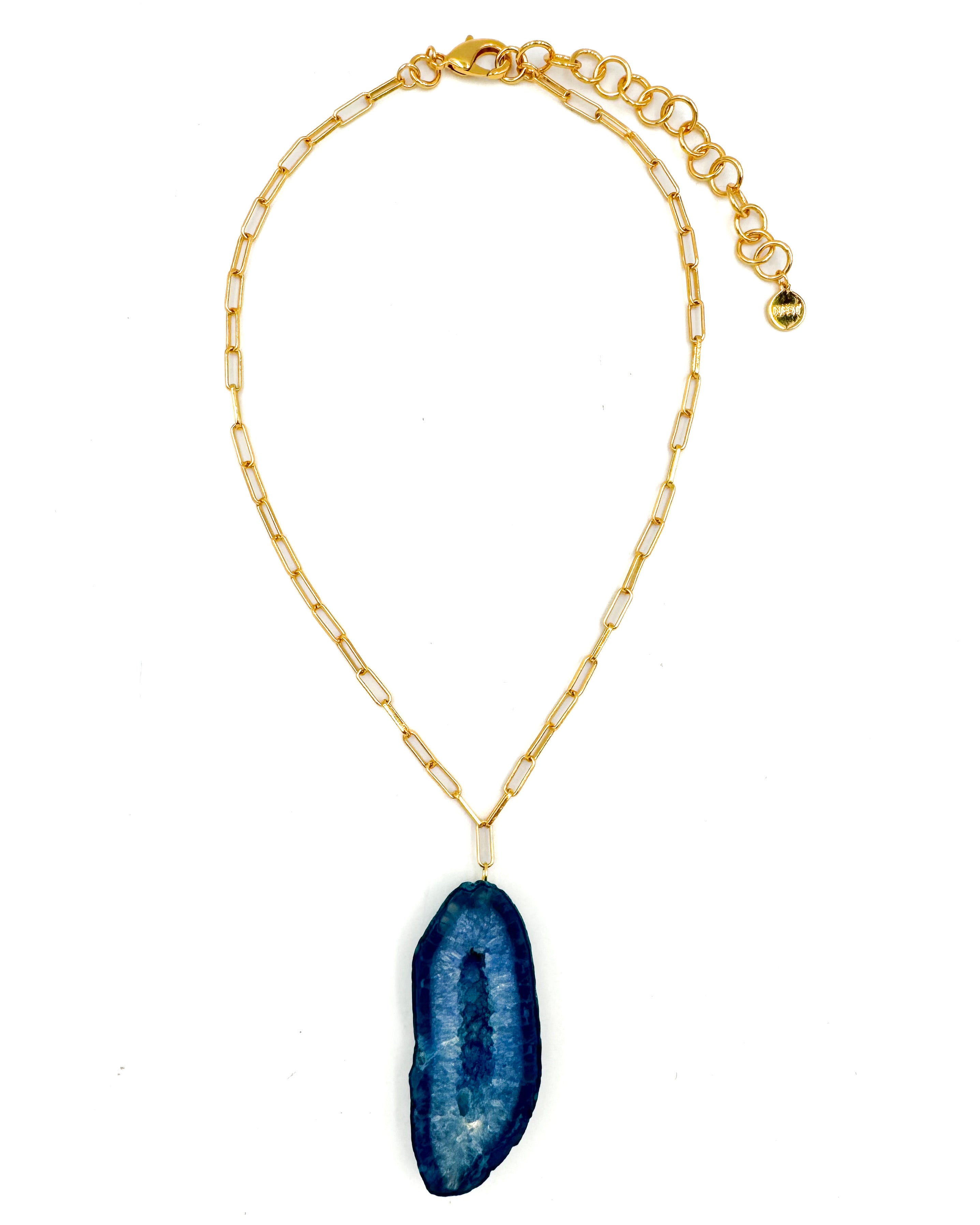 Blue Agate Slice Paperclip Chain Necklace