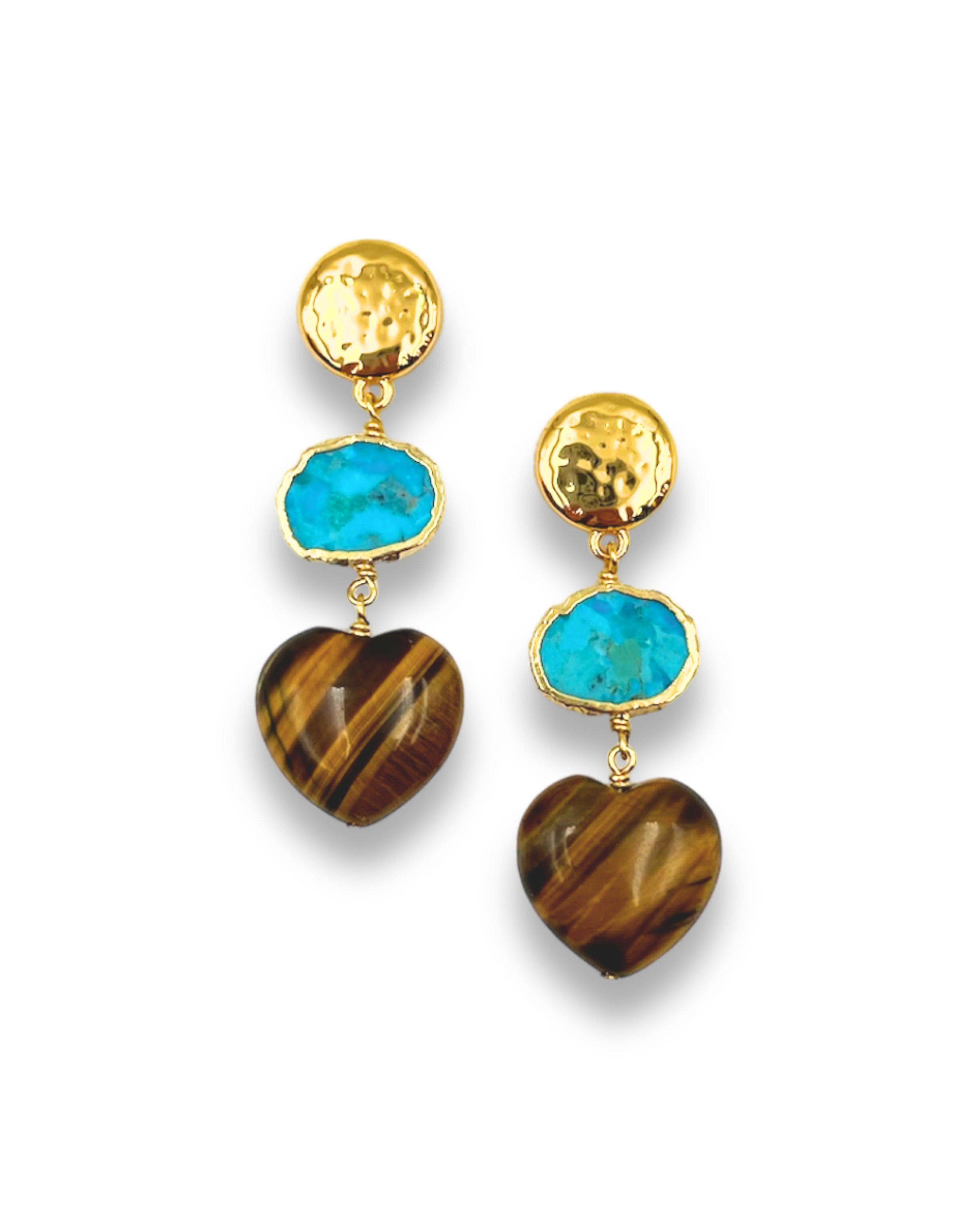 Tigers Eye Heart and Turquoise Drop Earrings