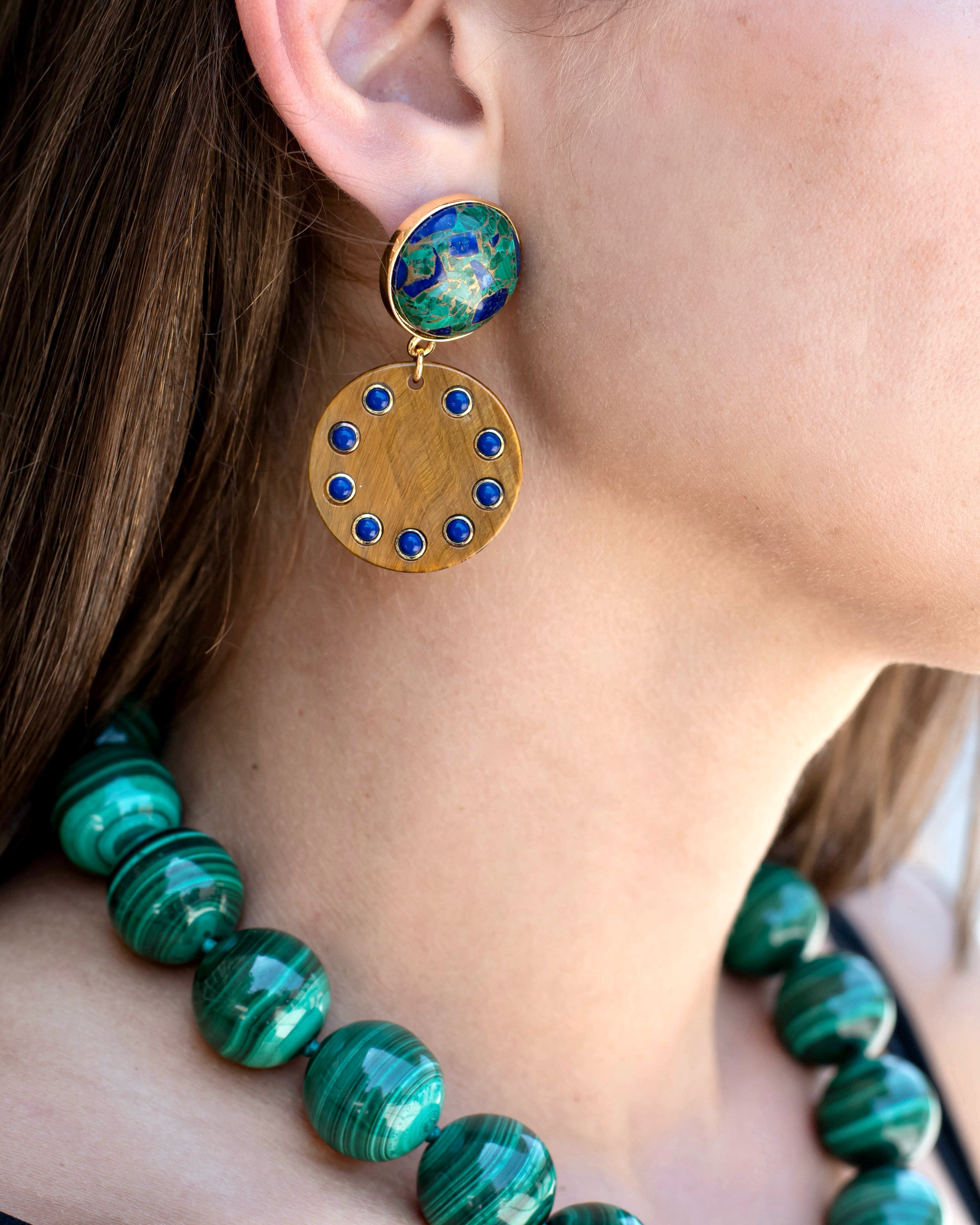 Lapis, Malachite & Tigers Eye Disc Drop Earrings