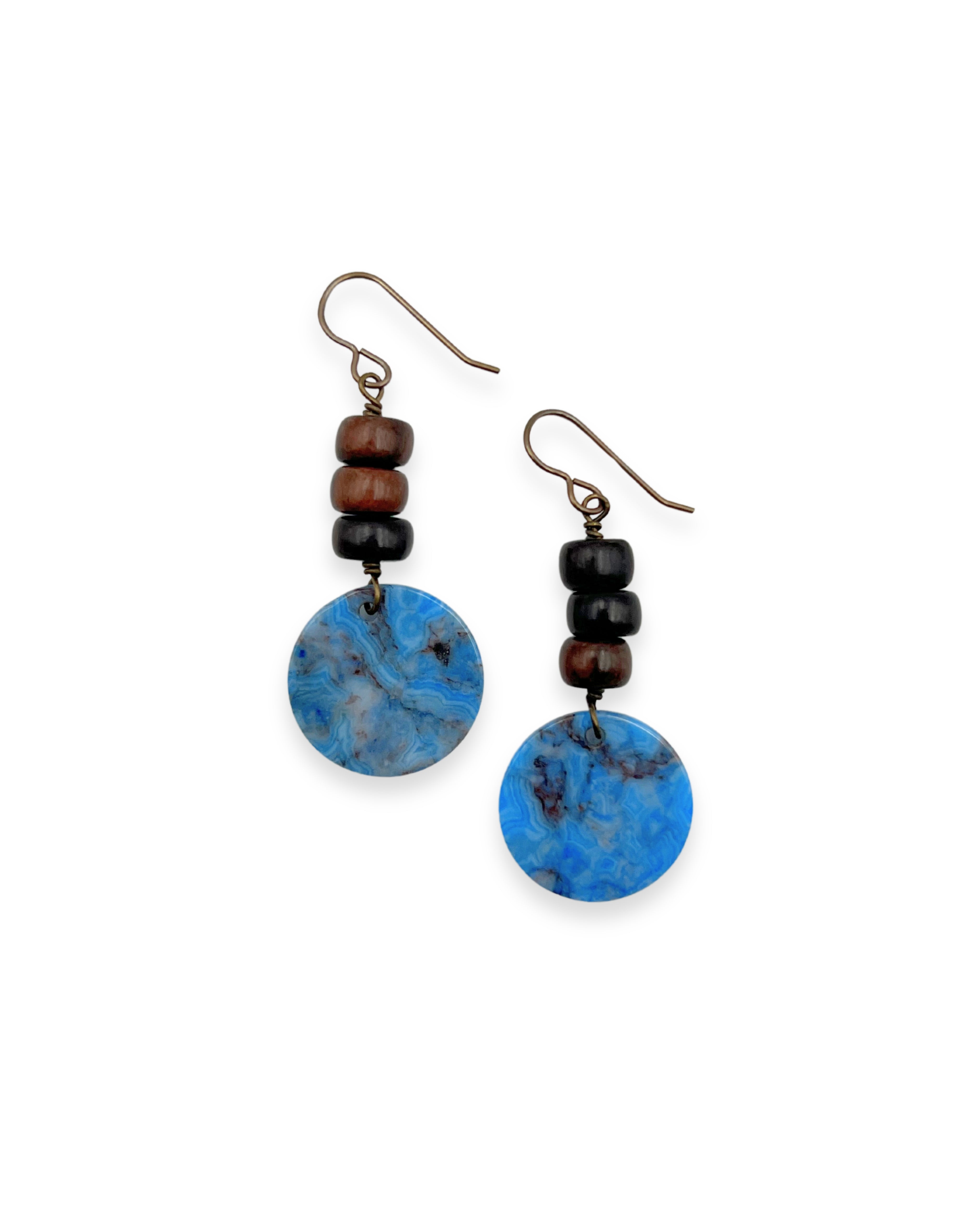 Blue Agate and Wood Drop Earrings