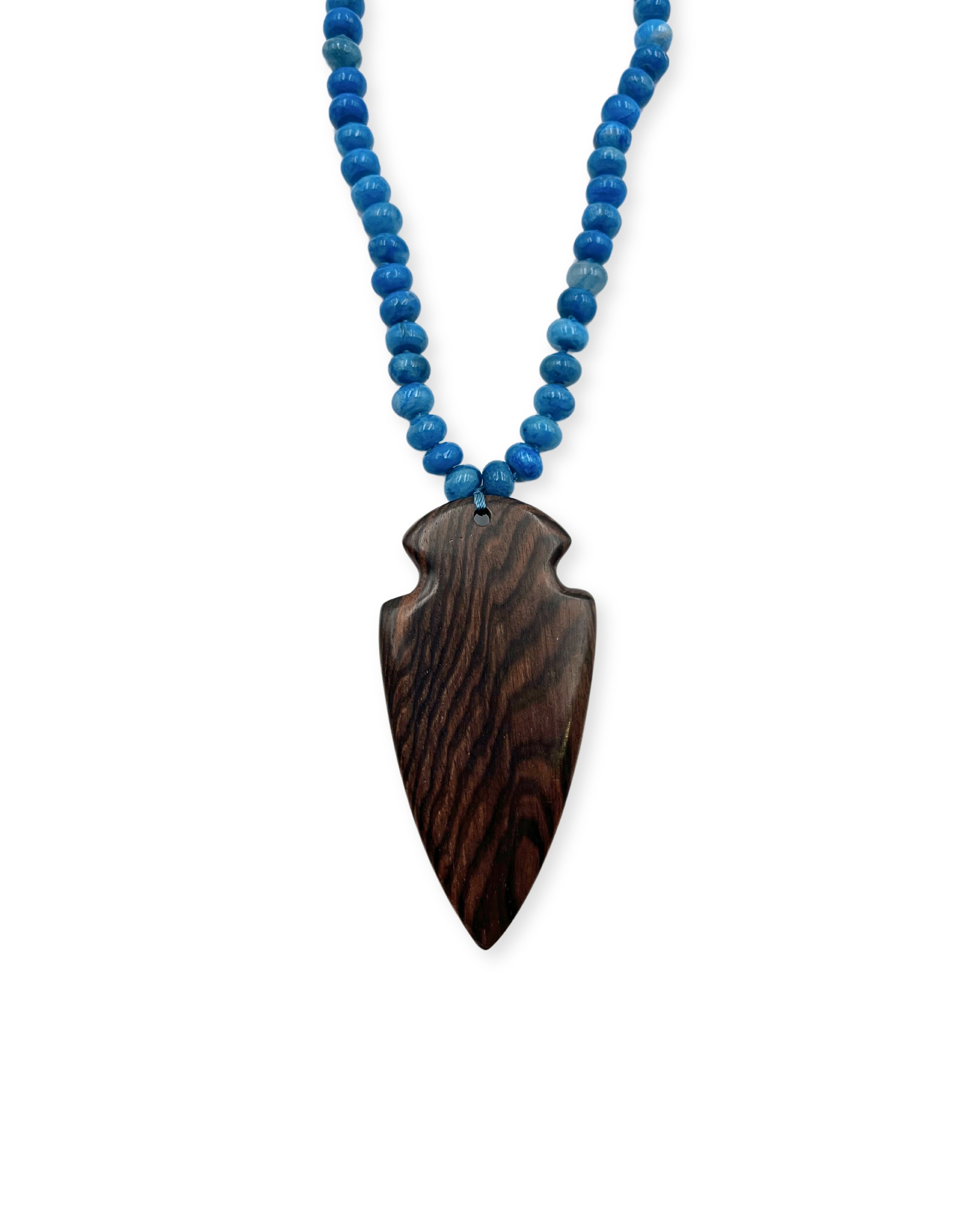 Blue Agate Long Necklace with Wood Pendant