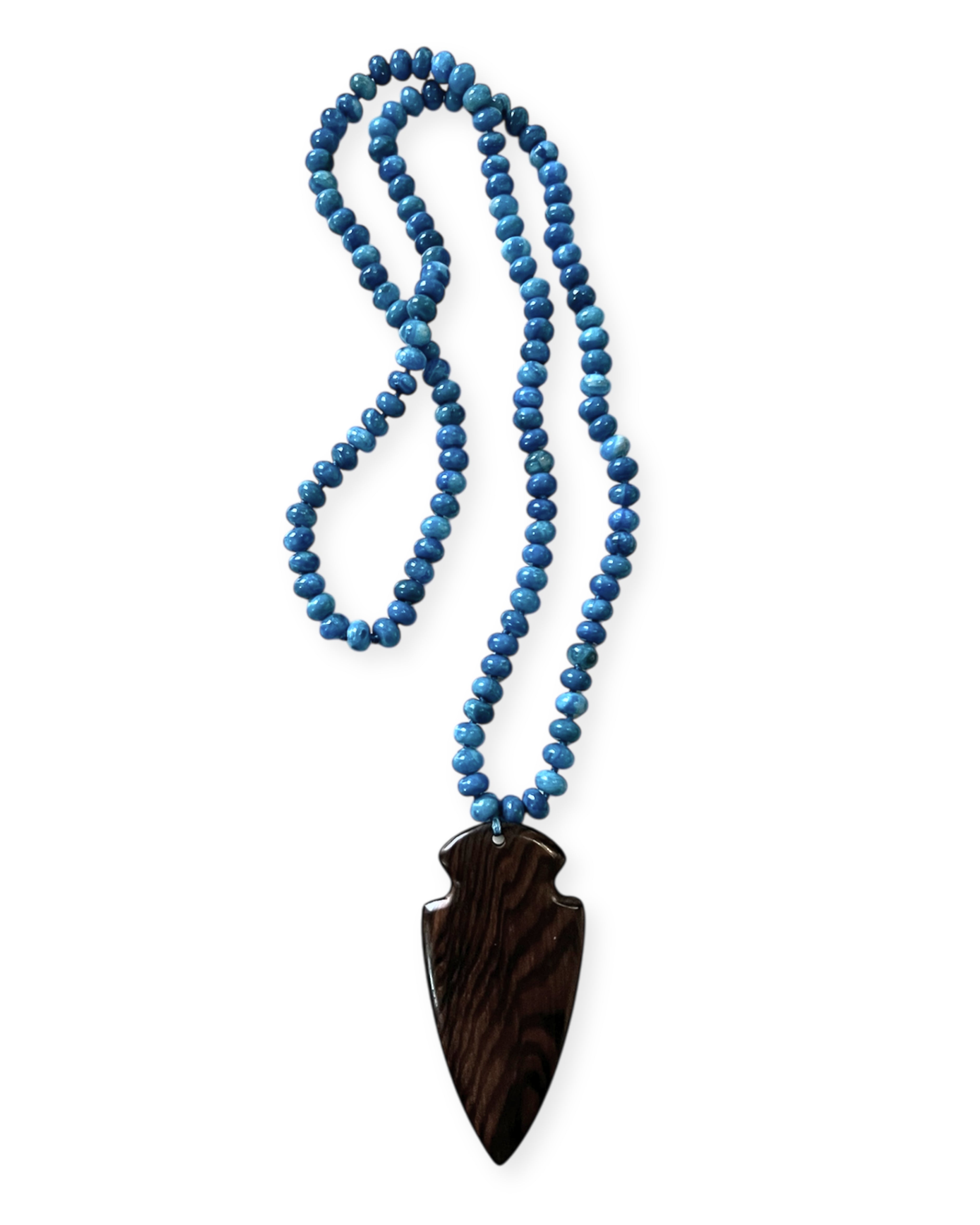 Blue Agate Long Necklace with Wood Pendant