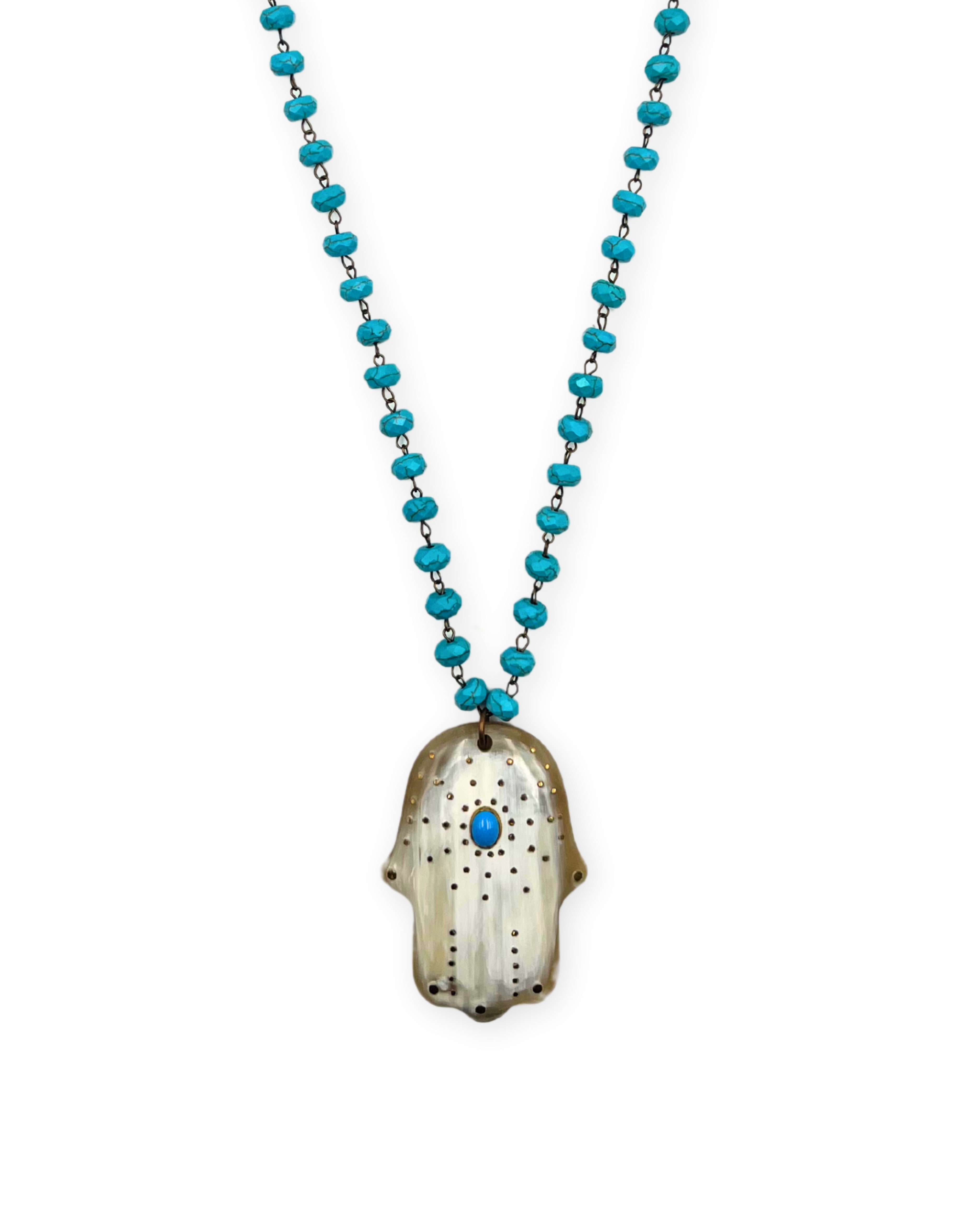 Hamsa Horn Pendant Turquoise Necklace