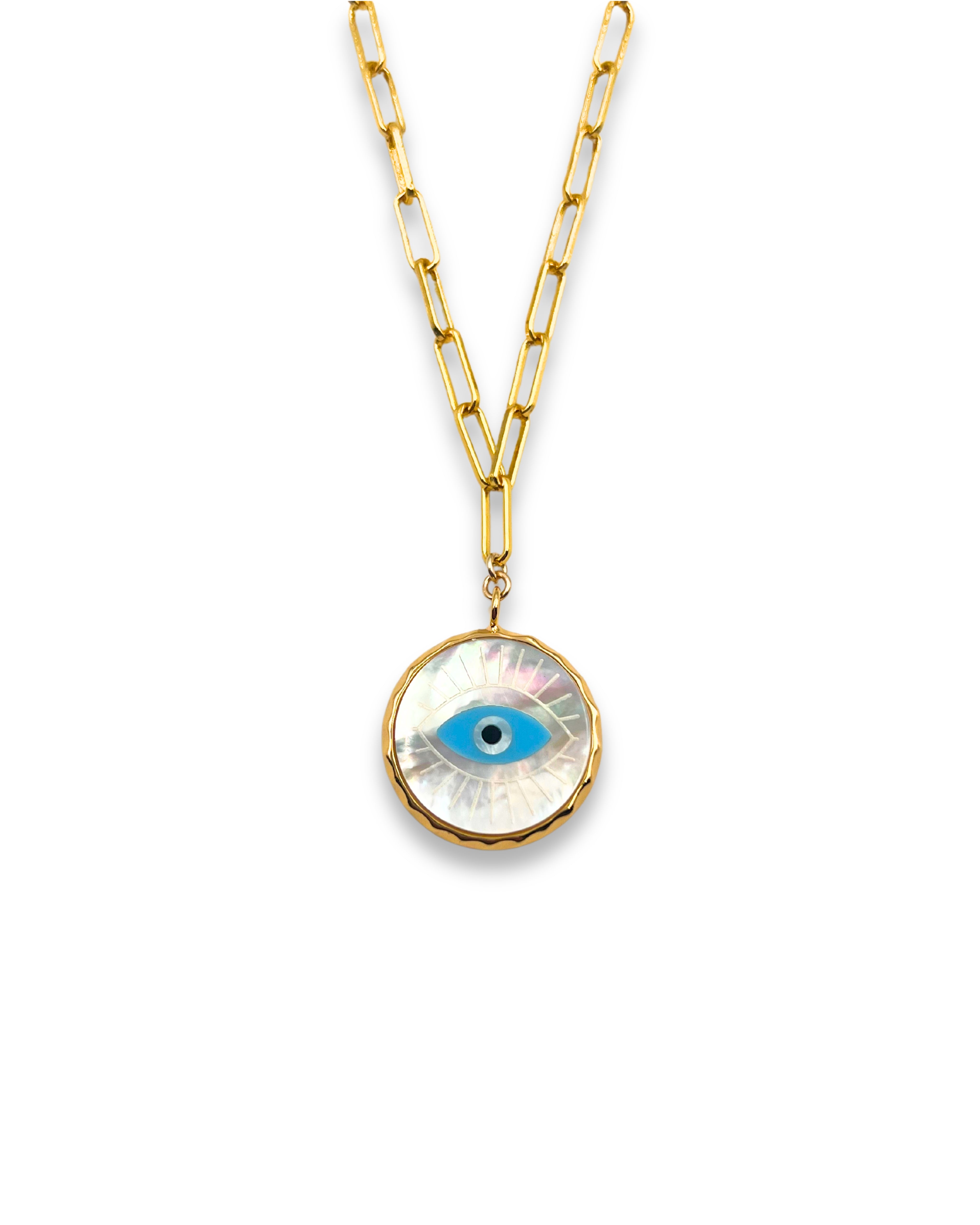 Carved Mother of Pearl Eye Charm Necklace
