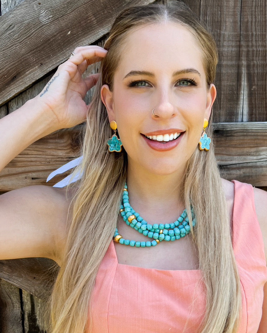 Blue Turquoise  Flower Earrings